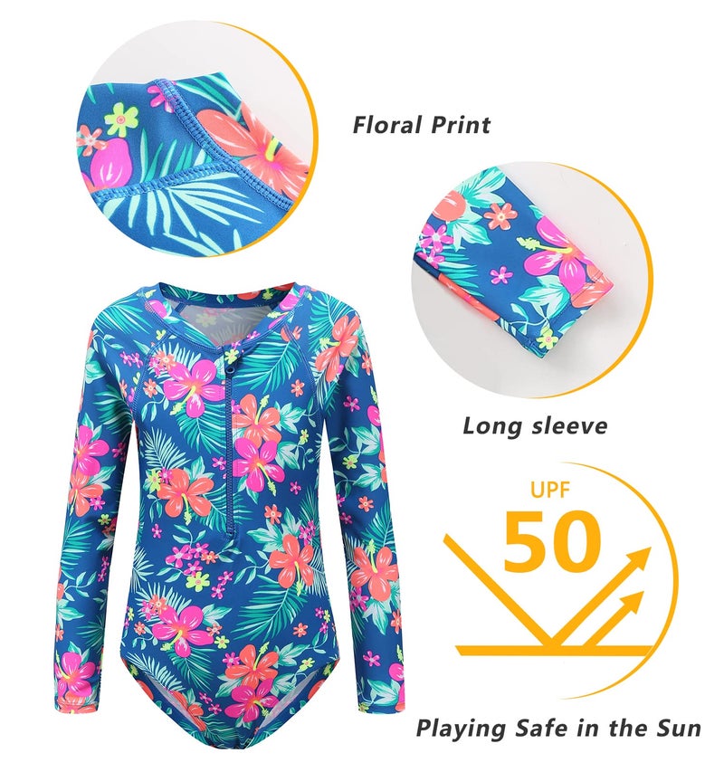 Mardonskey Big Girls Long Sleeve Rash Guard Kids One Piece Swimsuit UPF 50+ Sun Protection Swimwear Bathing Suit Blue 10T - Image 5